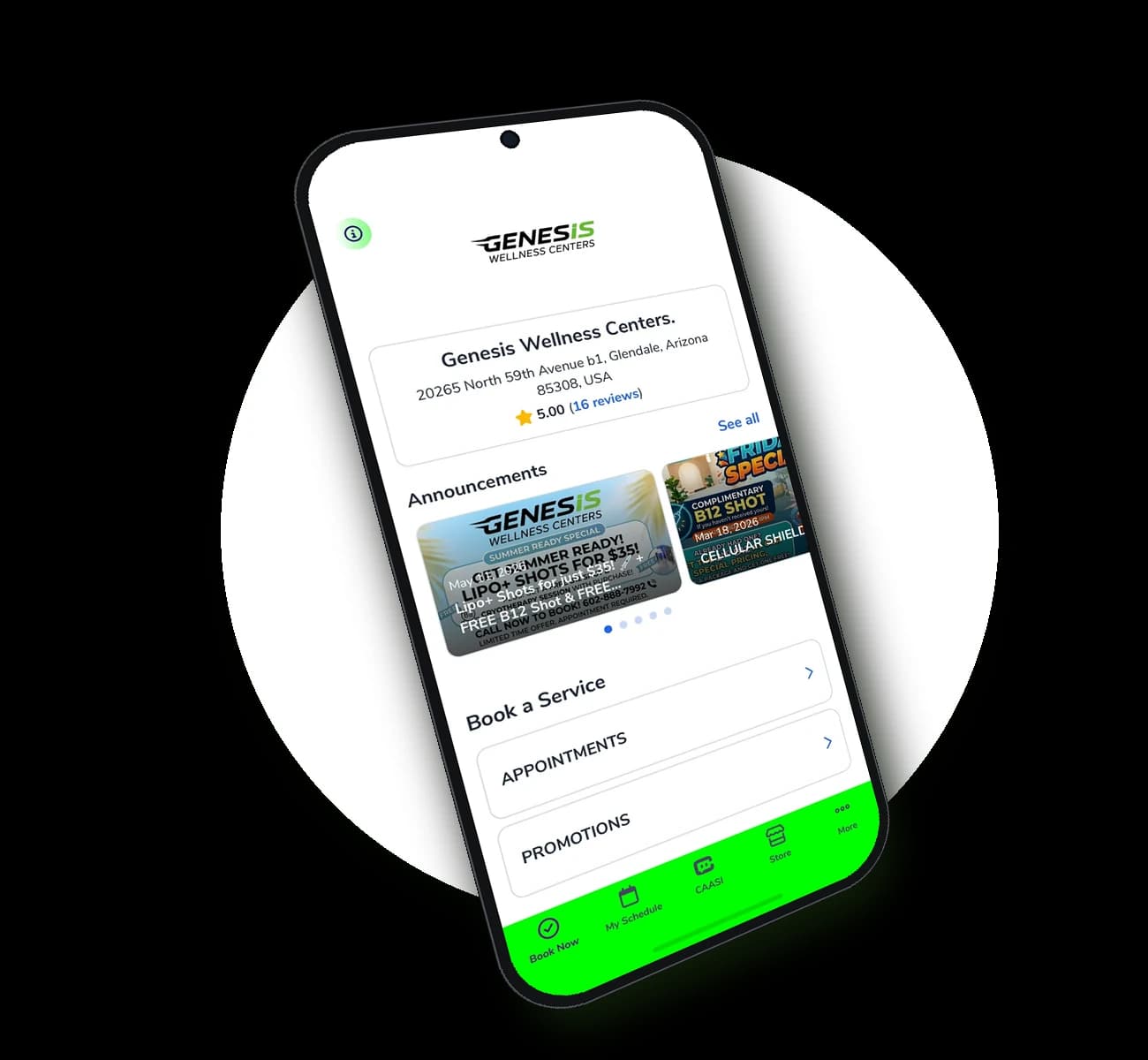 Genesis Wellness Centers app shown on a phone